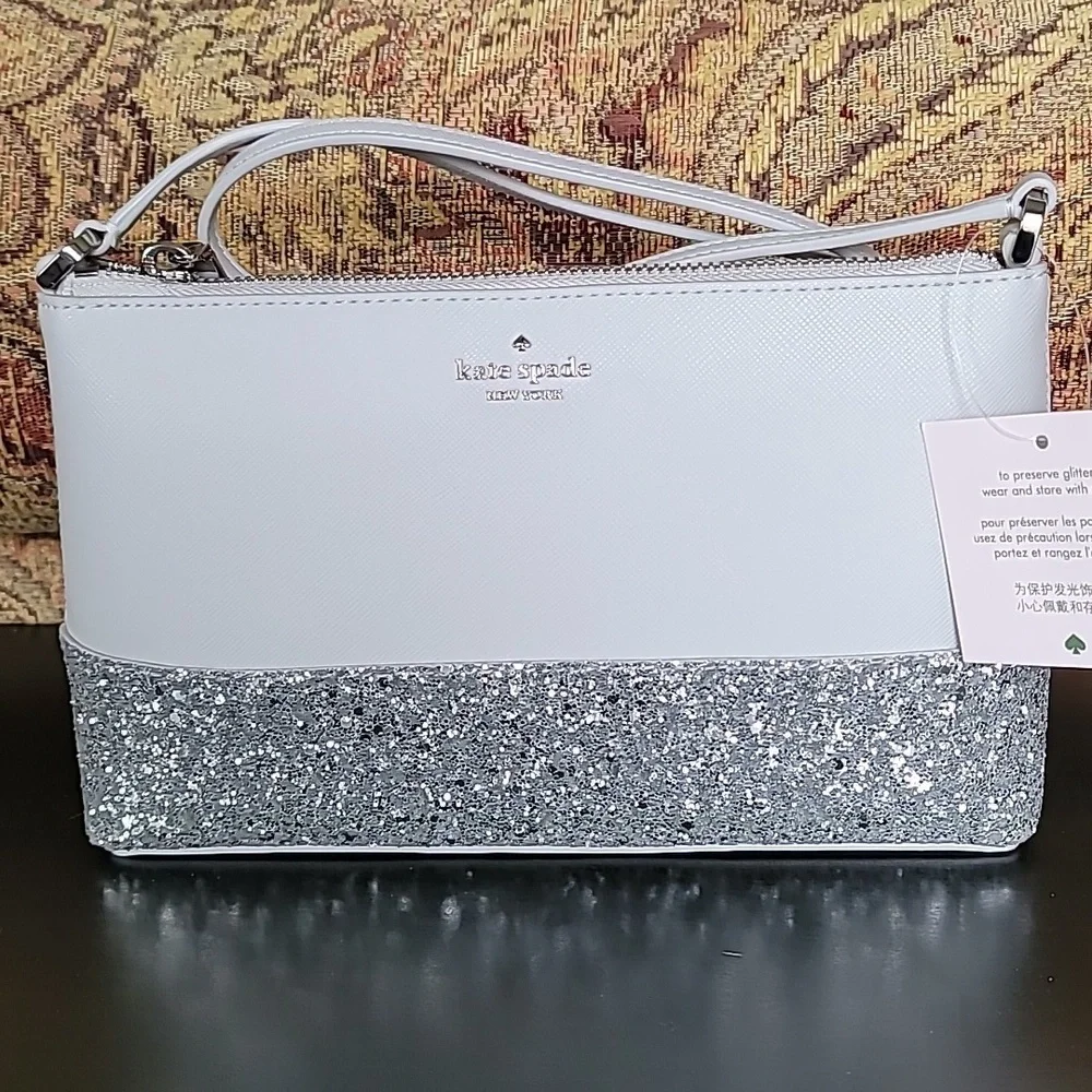 NWT Kate Spade Glitter Crossbody Flash Light Grey Silver